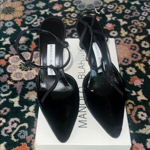 Manolo Blahnik Black Heels with Ankle Straps- Velvet